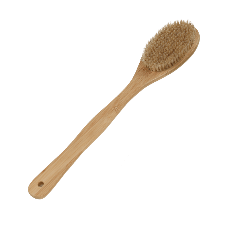 Brosse de bain en bois naturel à long manche pour un usage à sec et humide