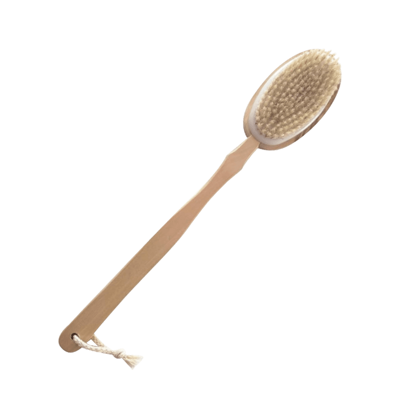 Brosse de bain double face avec long manche en bois